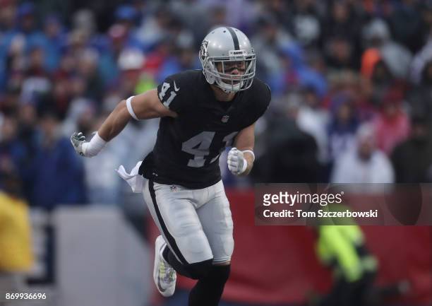 Erik Harris of the Oakland Raiders in action during NFL game action against the Buffalo Bills at New Era Field on October 29, 2017 in Buffalo, New...