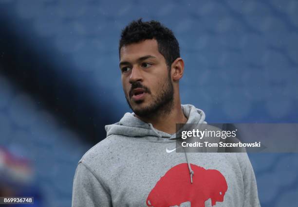 Logan Thomas of the Buffalo Bills warms up before the start of NFL game action against the Oakland Raiders at New Era Field on October 29, 2017 in...