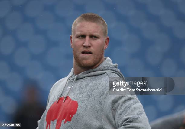 Nick O'Leary of the Buffalo Bills warms up before the start of NFL game action against the Oakland Raiders at New Era Field on October 29, 2017 in...