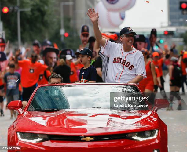 Texas LT. Governor Dan Patrick waves to the crowd during the Houston Astros Victory Parade on November 3, 2017 in Houston, Texas. The Astros defeated...