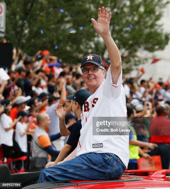 Texas LT. Governor Dan Patrick waves to the crowd during the Houston Astros Victory Parade on November 3, 2017 in Houston, Texas. The Astros defeated...