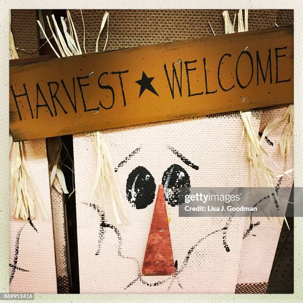 decorative wooden scarecrow for halloween - scarecrow faces foto e immagini stock