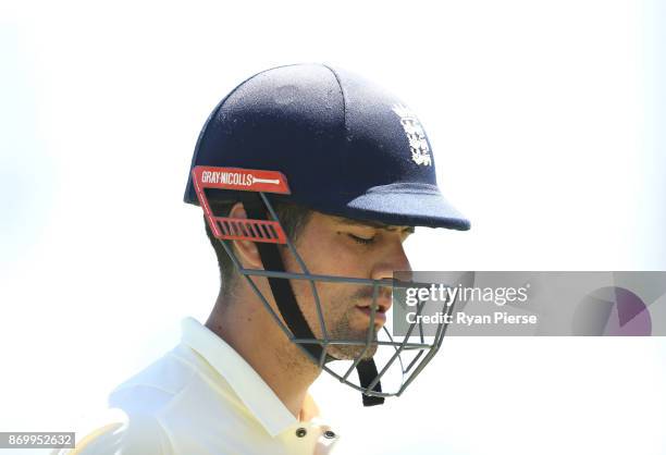 Alastair Cook of England looks dejected after being dismissed by Nathan Coulter-Nile of Western Australia XI during day one of the Ashes series Tour...