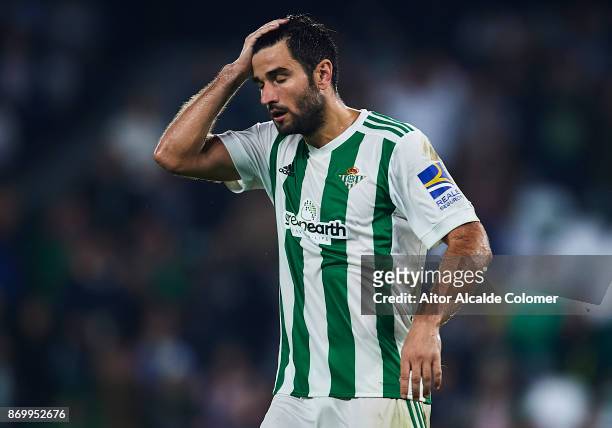Antonio Barragan of Real Betis Balompie reacts during the La Liga match between Real Betis and Getafe at Estadio Benito Villamarin on November 3,...