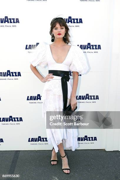 Montana Cox poses at the Lavazza Marquee on Derby Day at Flemington Racecourse on November 4, 2017 in Melbourne, Australia.