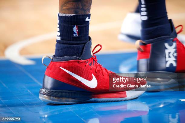 The sneakers of DeMarcus Cousins of the New Orleans Pelicans are seen during the game against the Dallas Mavericks on November 3, 2017 at the...
