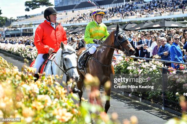 /j7 returns to the mounting yard aboard Cismontane after winning the Lexus Stakes at Flemington Racecourse on November 04, 2017 in Flemington,...