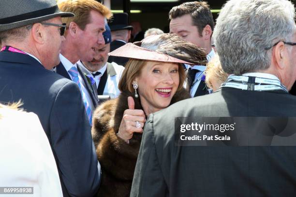 Trainer Gai Waterhouse gives the thumbs up after Cismontane won the Lexus Stakes at Flemington Racecourse on November 04, 2017 in Flemington,...