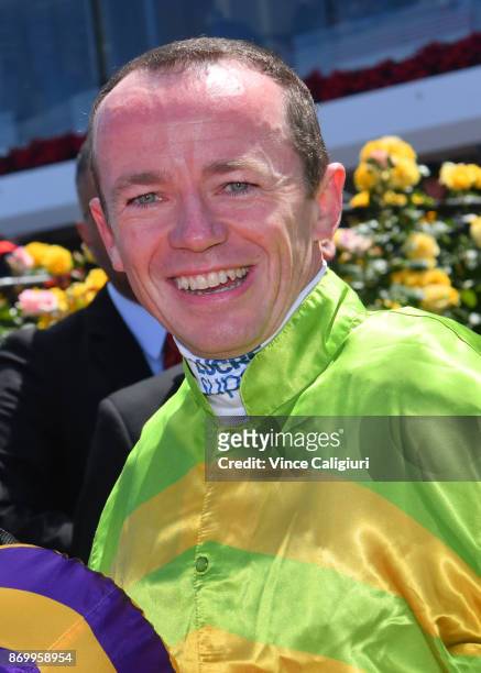 Stephen Baster after riding Cismontane to to win Race 4, Lexus Stakes on Derby Day at Flemington Racecourse on November 4, 2017 in Melbourne,...