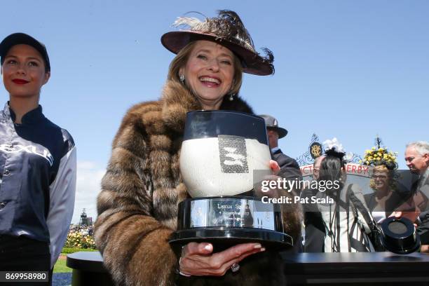 Trainer Gai Waterhouse with the trophy after Cismontane won the Lexus Stakes at Flemington Racecourse on November 04, 2017 in Flemington, Australia.