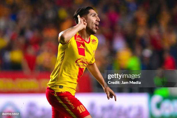 Diego Valdes of Moreliacelebrates after scoring the first goal of his team during the 16th round match between Morelia and Cruz Azul as part of the...