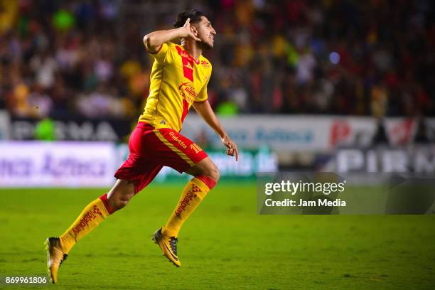 Diego Valdes of Moreliacelebrates after scoring the first goal of his team during the 16th round match between Morelia and Cruz Azul as part of the...