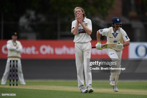 David Moody of WA reacts after being hit for a boundary during day one of the Sheffield Shield match between New South Wales and Western Australia at...