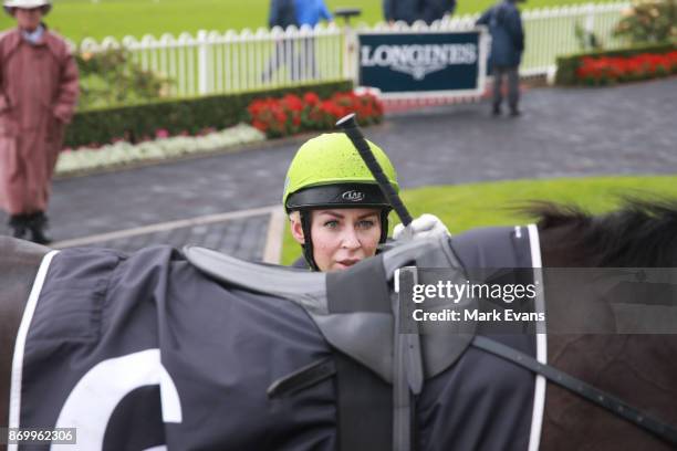 Kathy O'Hara on Black on Gold returns to scale after winning race 4 during Sydney Racing at Rosehill Gardens on November 4, 2017 in Sydney, Australia.