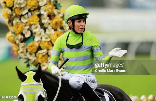 Kathy O'Hara on Black on Gold returns to scale after winning race 4 during Sydney Racing at Rosehill Gardens on November 4, 2017 in Sydney, Australia.
