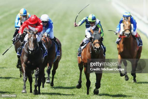 Mark Zahra riding Merchant Navy wins race 5 The Coolmore Stud Stakes Derby Day at Flemington Racecourse on November 4, 2017 in Melbourne, Australia.