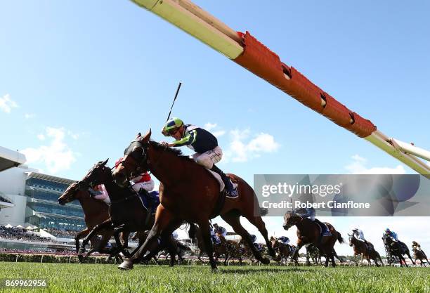 Mark Zahra rides Merchant Navy to win race five the Coolmore Stud Stakes on Derby Day at Flemington Racecourse on November 4, 2017 in Melbourne,...