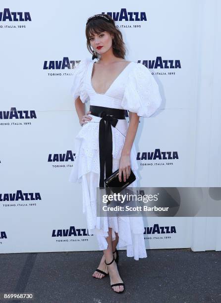 Montana Cox, special guest of Mimco poses at the Lavazza Marquee on Derby Day at Flemington Racecourse on November 4, 2017 in Melbourne, Australia.