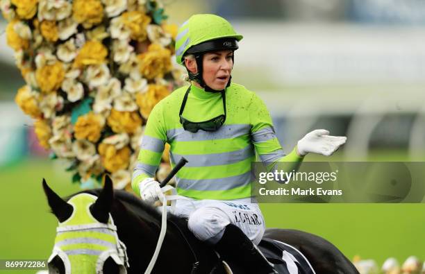 Kathy O'Hara on Black on Gold returns to scale after winning during Sydney Racing at Rosehill Gardens on November 4, 2017 in Sydney, Australia.