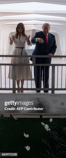 President Donald Trump and First Lady Melania Trump throw flowers during their visit to the USS Arizona Memorial on November 3 at Pearl Harbor in...