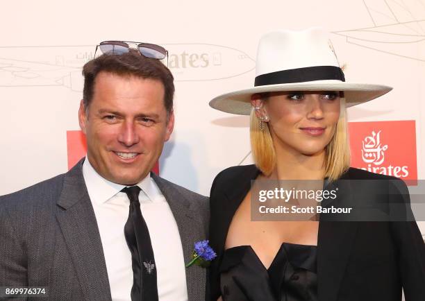 Karl Stefanovic and Jasmine Yarbrough attend the Emirates Marquee on Derby Day at Flemington Racecourse on November 4, 2017 in Melbourne, Australia.