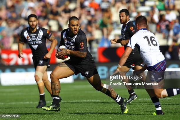 Addin Fonua-Blake of New Zealand makes a break during the 2017 Rugby League World Cup match between the New Zealand Kiwis and Scotland at AMI Stadium...