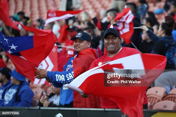 Tonga and Samoa fans during the 2017 Rugby League World Cup match between Samoa and Tonga at Waikato Stadium on November 4, 2017 in Hamilton, New...