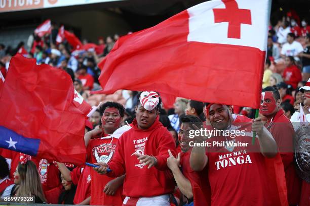 Tonga and Samoa fans during the 2017 Rugby League World Cup match between Samoa and Tonga at Waikato Stadium on November 4, 2017 in Hamilton, New...