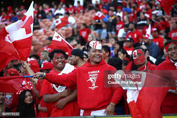 Tonga and Samoa fans during the 2017 Rugby League World Cup match between Samoa and Tonga at Waikato Stadium on November 4, 2017 in Hamilton, New...