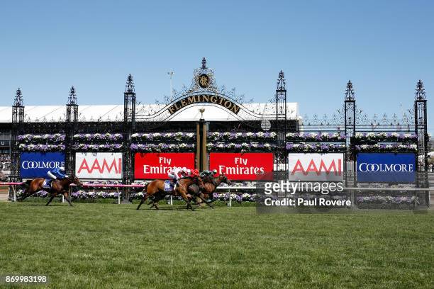 Jockey Mark Zahra rides Merchant Navy to win race 5, the Coolmore Stud Stakes on Derby Day at Flemington Racecourse on November 4, 2017 in Melbourne,...