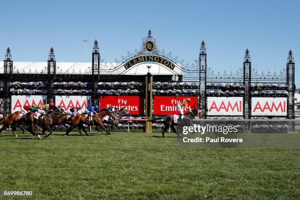 Jockey Tye Angland rides Ace High to win race 7, the AAMI Victoria Derby on Derby Day at Flemington Racecourse on November 4, 2017 in Melbourne,...