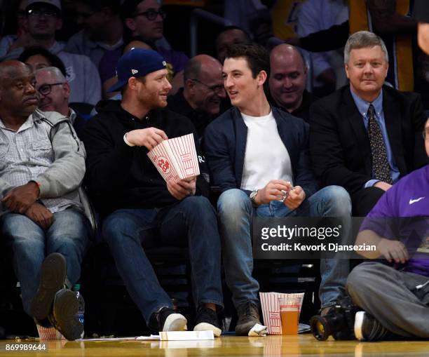 Actor Miles Teller attends the Brooklyn Nets and Los Angeles Lakers basketball game at Staples Center November 3 2017, in Los Angeles, California.