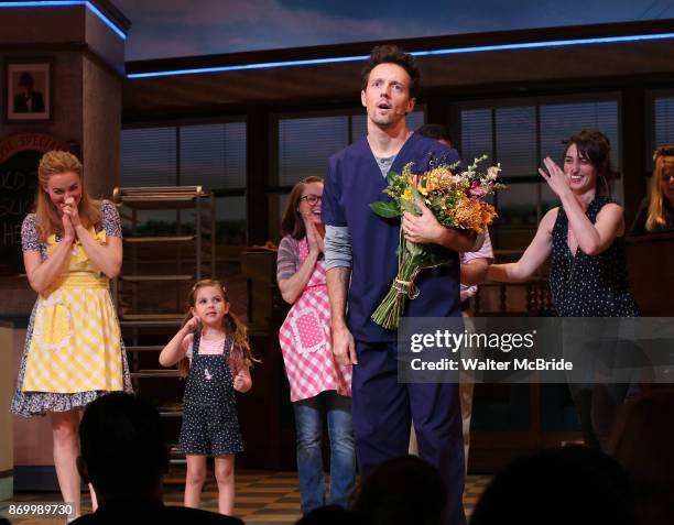 Betsy Wolfe, Victoria Collett, Jason Mraz and Sara Bareilles take a bow at the curtain call of Broadway's 'Waitress' at The Brooks Atkinson Theatre...