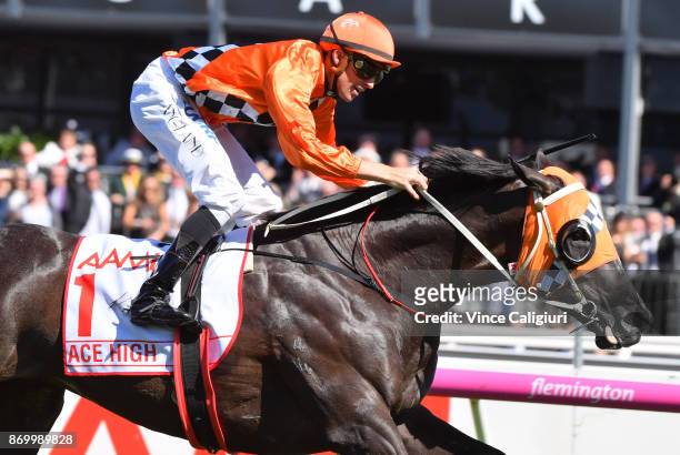 Tye Angland riding Ace High wins Race 7, AAMI Victoria Derby on Derby Day at Flemington Racecourse on November 4, 2017 in Melbourne, Australia.