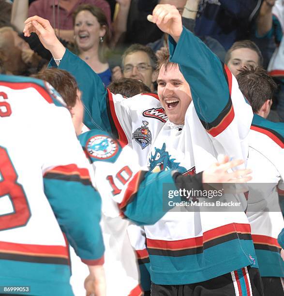 Mikael Backlund of the Kelowna Rockets celebrates the Game Six victory and the WHL championship over the Calgary Hitmen at Prospera Place on May 9,...