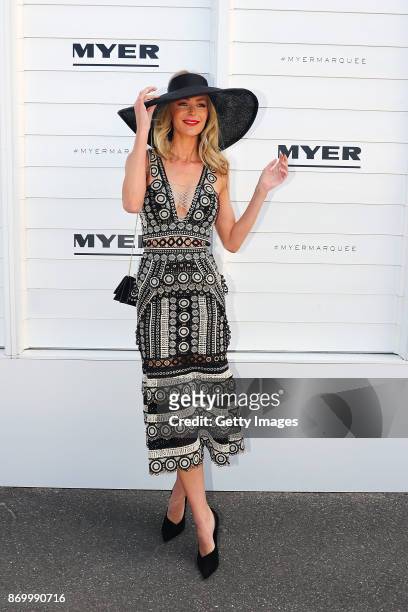 Jennifer Hawkins poses at the MYER Marquee on Derby Day at Flemington Racecourse on November 4, 2017 in Melbourne, Australia.