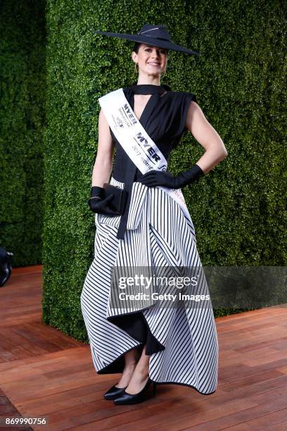 Women's Myer Fashions on the Field daily winner Montelle Mondello poses at The Park on AAMI Victoria Derby Day at Flemington Racecourse on November...