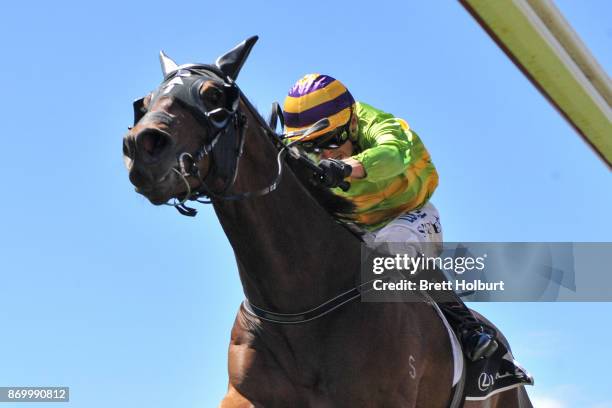 Cismontane ridden by Stephen Baster wins the Lexus Stakes at Flemington Racecourse on November 04, 2017 in Flemington, Australia.