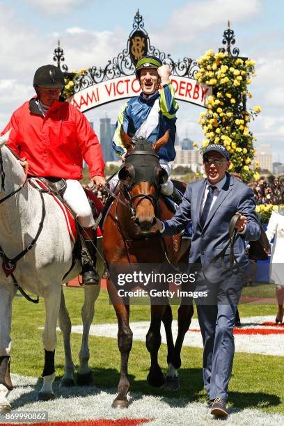 Jockey Mark Zahra returns to scale on Merchant Navy after winning race 5, the Coolmore Stud Stakes on Derby Day at Flemington Racecourse on November...