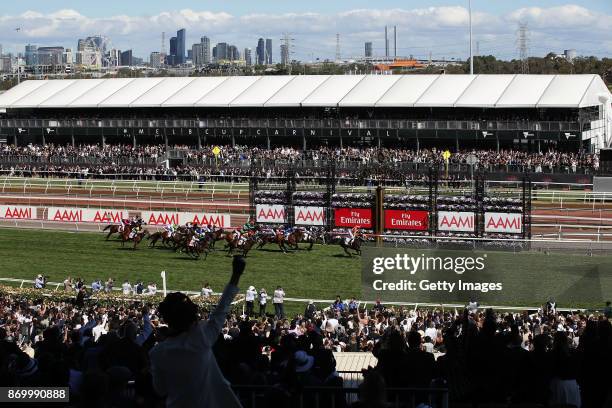 Tye Angland rides Ace High to win race 7, the AAMI Victoria Derby on Derby Day at Flemington Racecourse on November 4, 2017 in Melbourne, Australia.