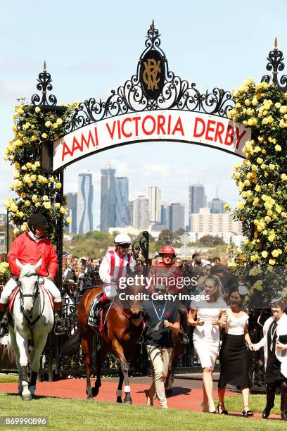 Jockey Dean Yendall returns to scale after winning race 6, the Myer Classic on Derby Day at Flemington Racecourse on November 4, 2017 in Melbourne,...