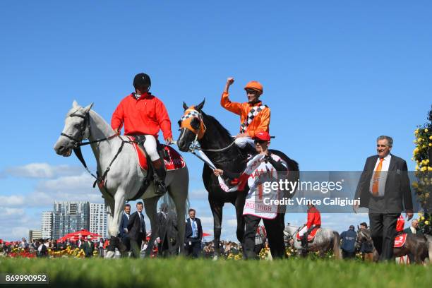 Tye Angland riding Ace High after winning Race 7, AAMI Victoria Derby on Derby Day at Flemington Racecourse on November 4, 2017 in Melbourne,...