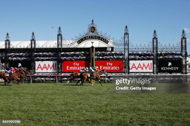 Jockey Michael Dee rides Shillelagh to win race 8, the Kennedy Mile on Derby Day at Flemington Racecourse on November 4, 2017 in Melbourne, Australia.