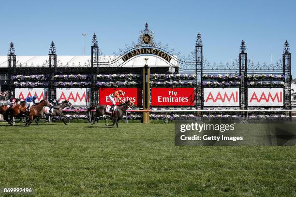 Jockey Tye Angland rides Ace High to win race 7, the AAMI Victoria Derby on Derby Day at Flemington Racecourse on November 4, 2017 in Melbourne,...