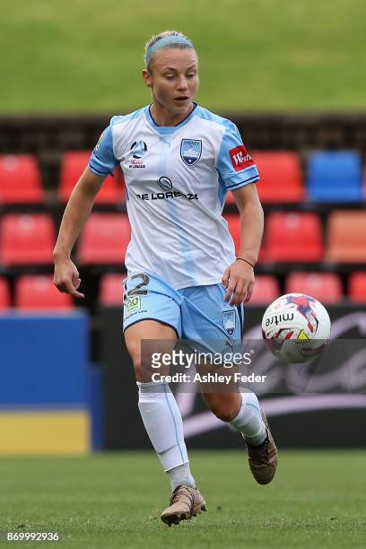 Teigen Allen of Sydney FC in action during the round two W-League match between the Newcastle Jets and Sydney FC at McDonald Jones Stadium on...
