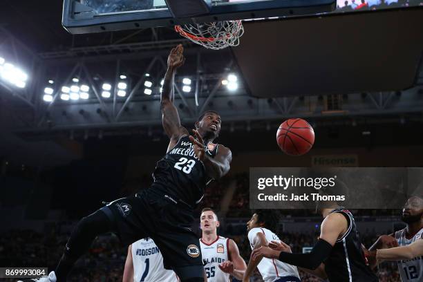 Casey Prather of Melbourne United dunks the ball during the round five NBL match between Melbourne United and the Adelaide 36ers at Hisense Arena on...