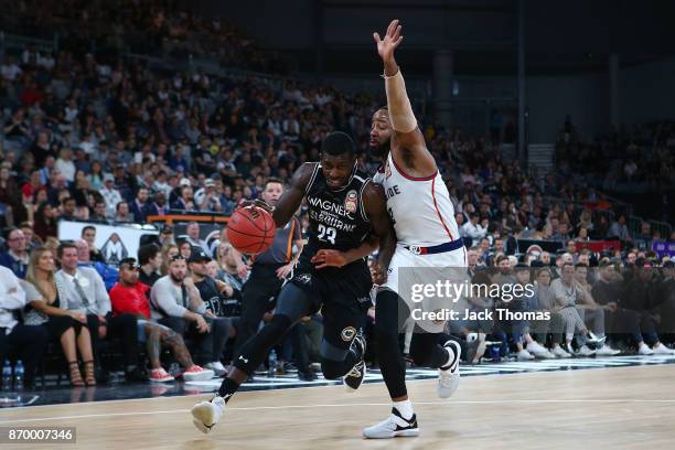 Casey Prather of Melbourne United drives to the basket during the round five NBL match between Melbourne United and the Adelaide 36ers at Hisense...