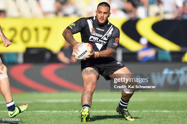 Addin Fonua-Blake of the Kiwis charges forward during the 2017 Rugby League World Cup match between the New Zealand Kiwis and Scotland at AMI Stadium...