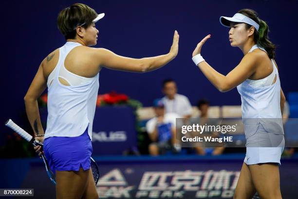 Chen Liang of China and her partner Zhao xuanyang of China Celebrates wins the Points in their doubles Semifinal match against Yingying Duan and...