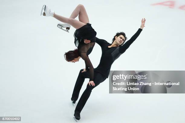 Elliana Pogrebinsky and Quinn Carpenter of the United States reacts after compete in the Ice Dance Free Dance on day two of Audi Cup of China ISU...